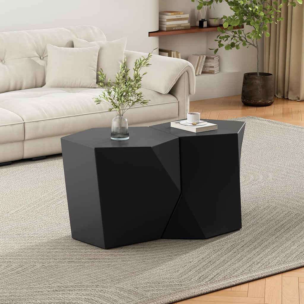 Merax Modern Mgo Coffee Table Set, 2 Piece Geometric Side Table Includes 1 Pentagon-Topped Table & 1 Hexagon-Topped Table for Living Room Office, Black