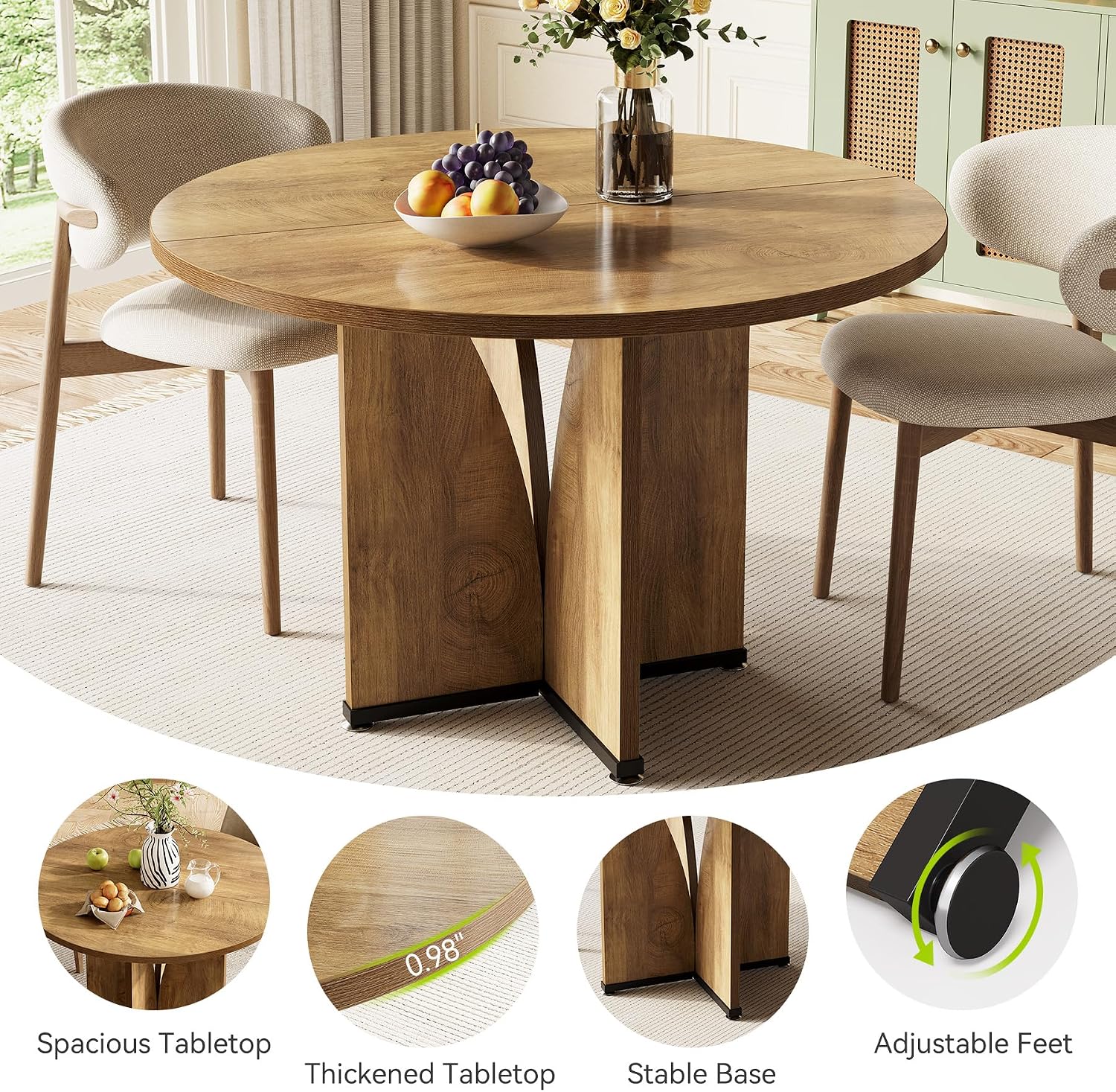LITTLE TREE 39-Inch Dining Table for 4, Rustic Kitchen Table, Round Dining Table with X-Shaped Stable Pedestal, Farmhouse Dinner Table for Dining Room, Living Room