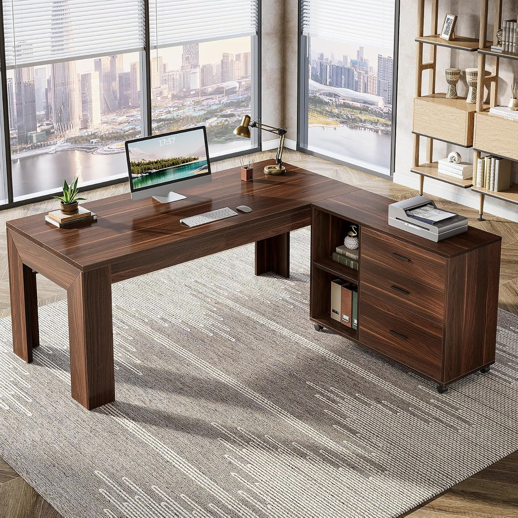 Tribesigns 63' L Shaped Desk with Storage, Executive Office Desk with Mobile Lateral File Cabinet Combo, Large Computer Table with Drawers and Shelves, Business Furniture Set for Home Office, Walnut