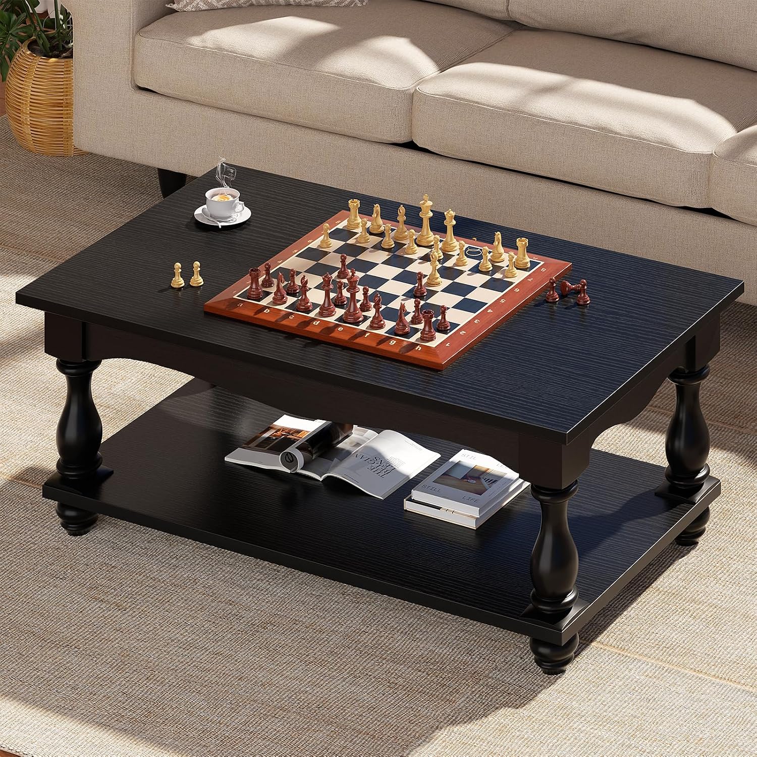 Besiost Farmhouse Coffee Table with Storage, Mid Century Coffee Tables for Living Room, 47 inch Modern 2-Tier Black Coffee Table