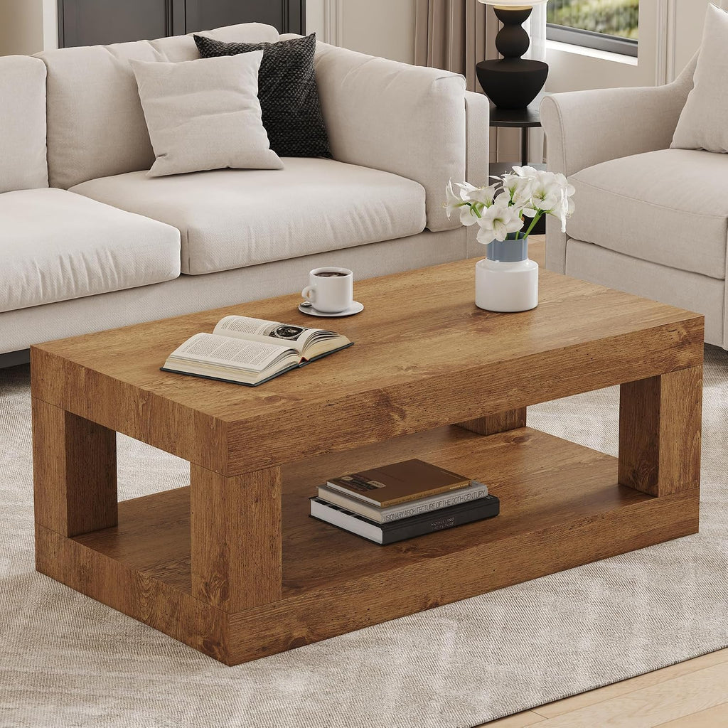 LKTART 39.37' Coffee Table with Storage, 2-Tier Mid Century Rectangular Accent Table with Thick Tabletop, Rustic Style Cocktail, Center Table for Living Room, Office, Apartment (Natural Wood)