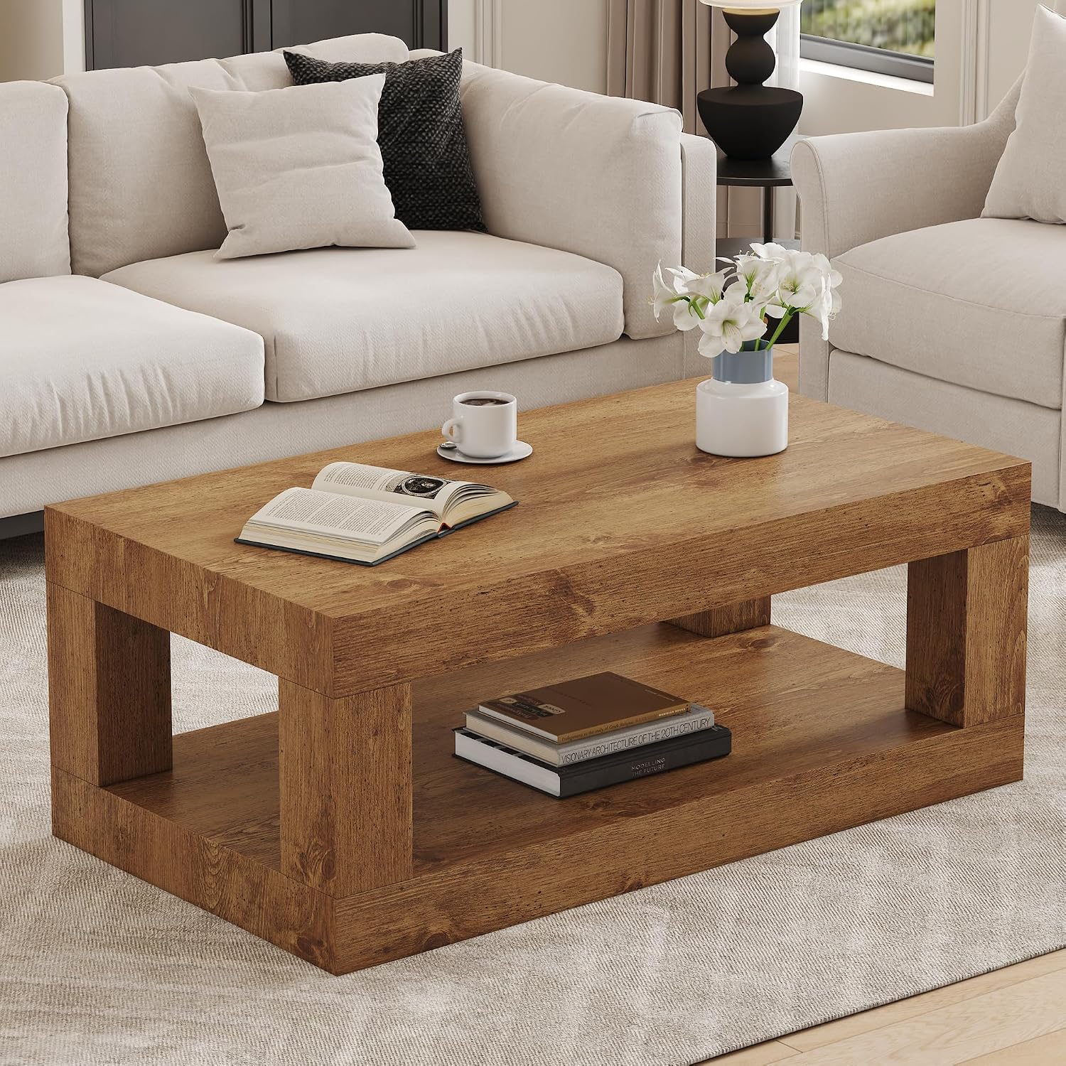 LKTART 39.37' Coffee Table with Storage, 2-Tier Mid Century Rectangular Accent Table with Thick Tabletop, Rustic Style Cocktail, Center Table for Living Room, Office, Apartment (Natural Wood)