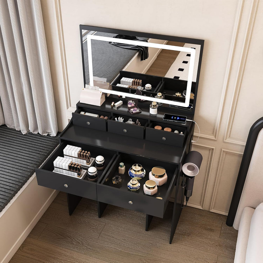 Vanity Desk with LED Light Mirror, Storage Makeup Vanity Table with Stool, 5 Drawers, Hairdryer Holder, Power Outlet, 3 Adjustable Lighting Colors, Dressing Table and Chair for Bedroom, Black