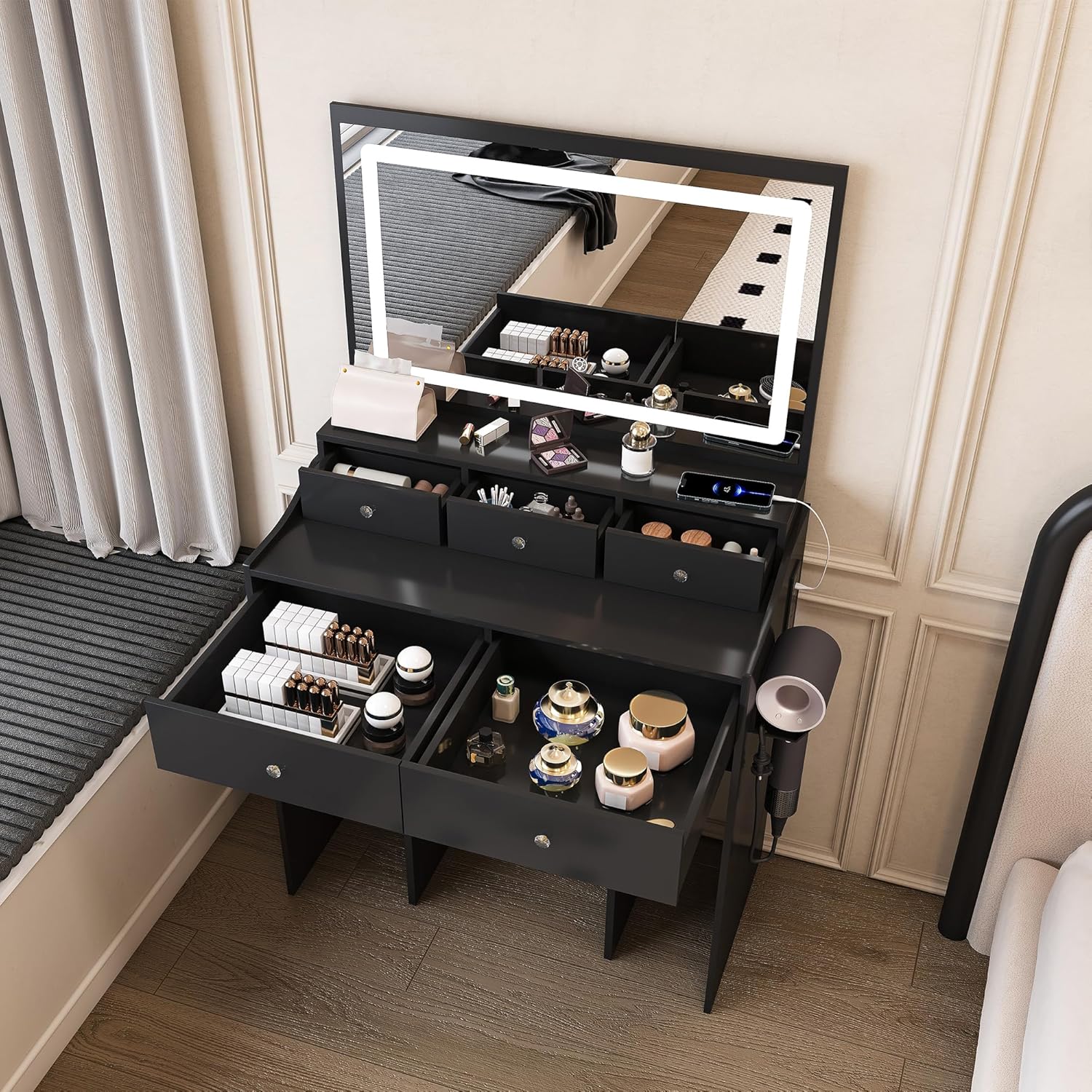 Vanity Desk with LED Light Mirror, Storage Makeup Vanity Table with Stool, 5 Drawers, Hairdryer Holder, Power Outlet, 3 Adjustable Lighting Colors, Dressing Table and Chair for Bedroom, Black