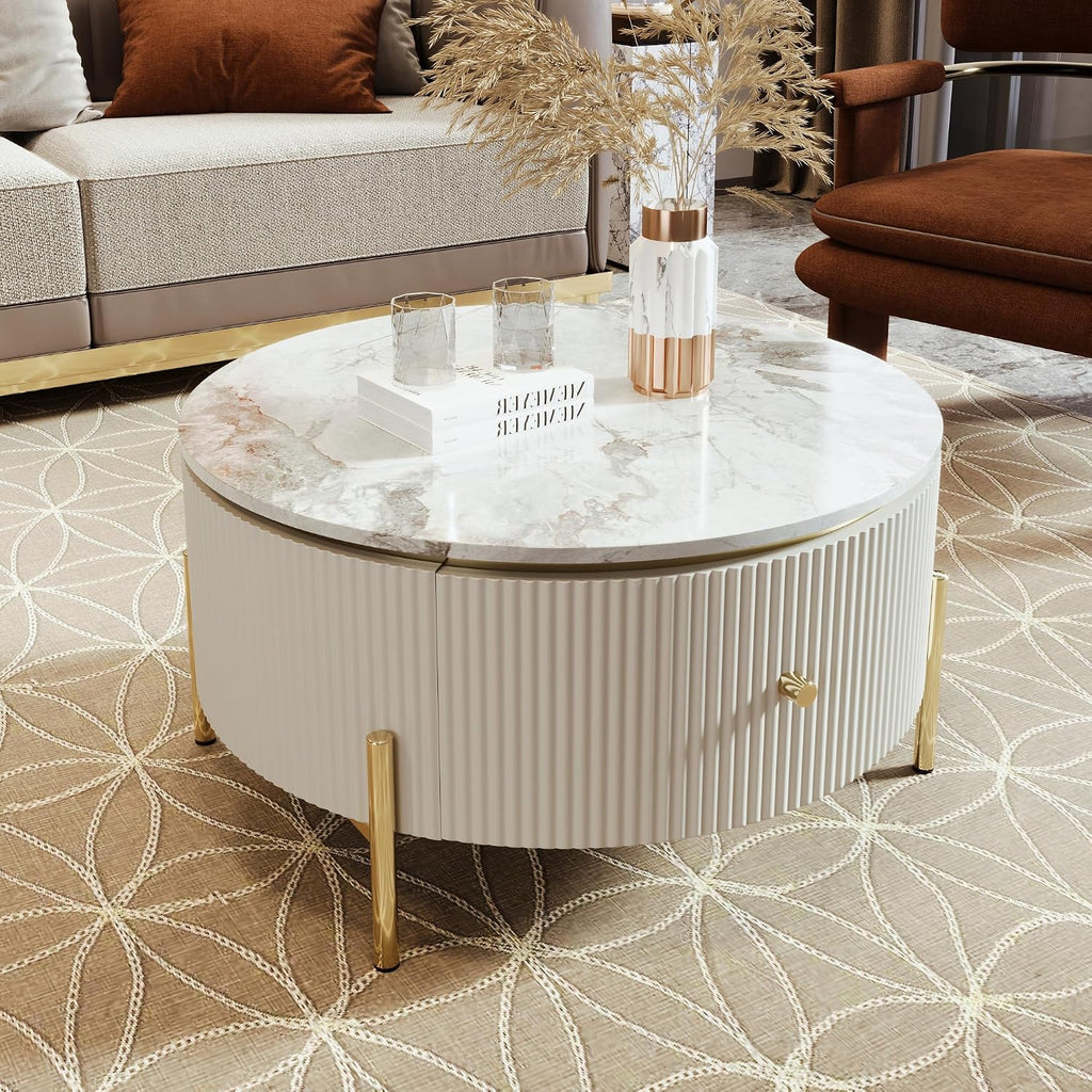 JUSTONE Modern Round White & Gold Coffee Table with Drawers,Drum Coffee Table with Golden Legs Circular Center Table with Marble Pattern Top for Living Room Apartment Office-White