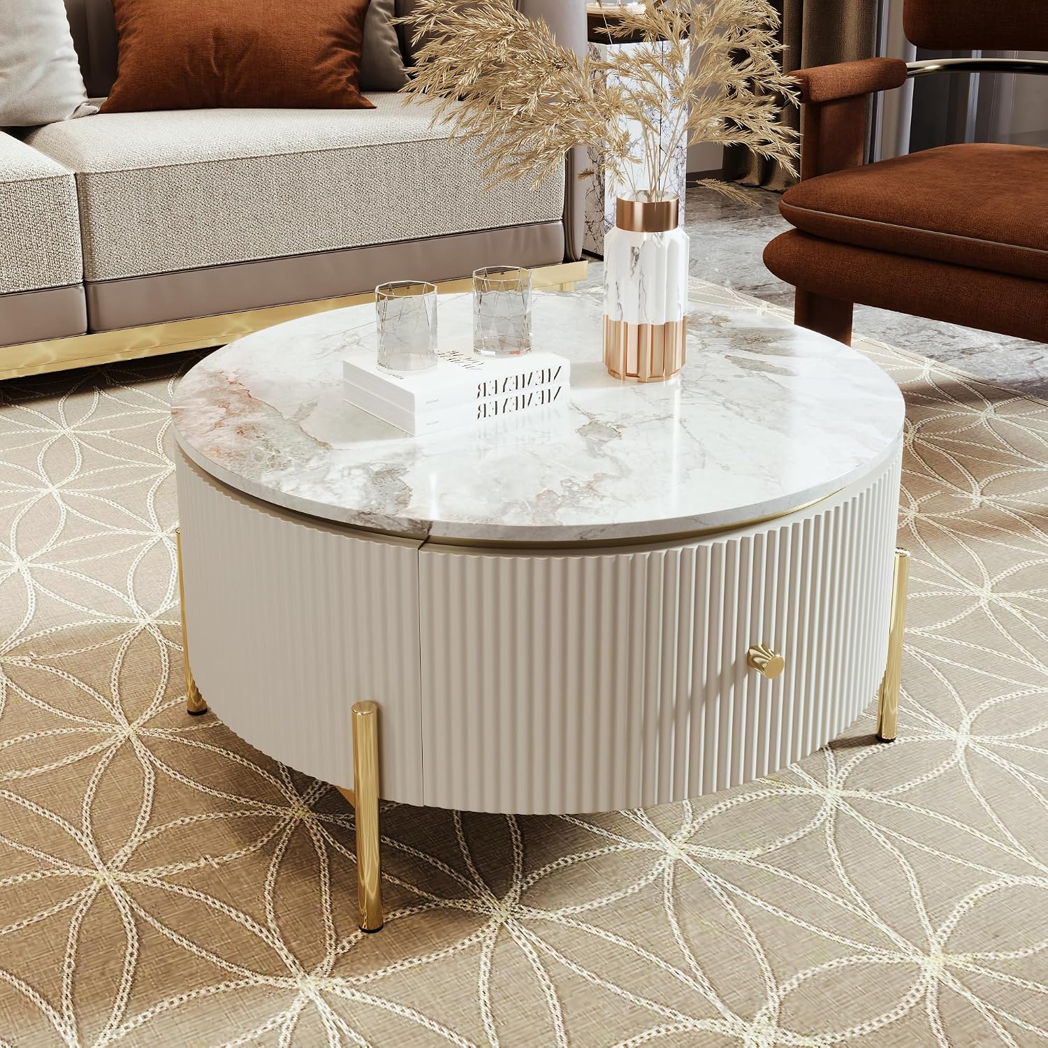 JUSTONE Modern Round White & Gold Coffee Table with Drawers,Drum Coffee Table with Golden Legs Circular Center Table with Marble Pattern Top for Living Room Apartment Office-White