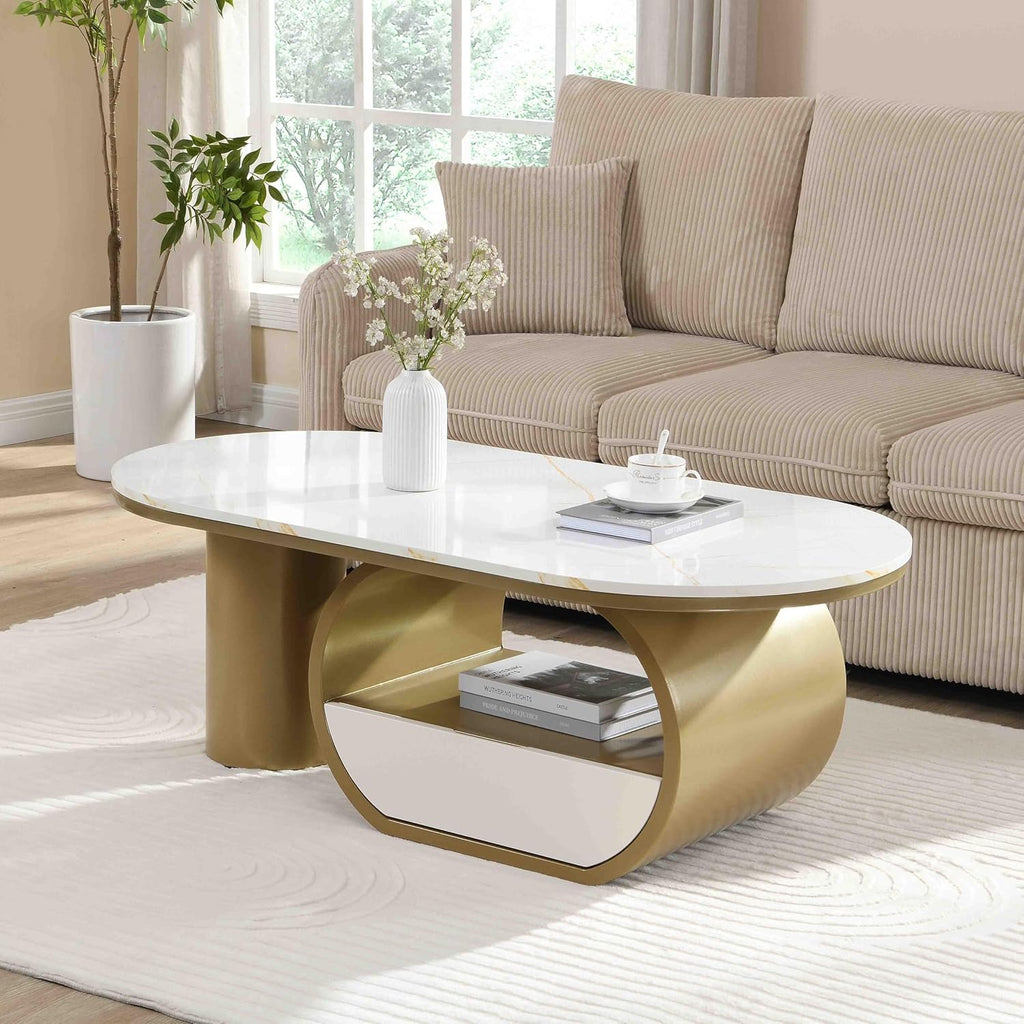 Luxury Gold Oval Coffee Table, 47'' Modern Living Room Table with Storage Drawer, Faux Marble Top MDF, Sturdy Metal Base, Large Center Tables for Home Apartment, White