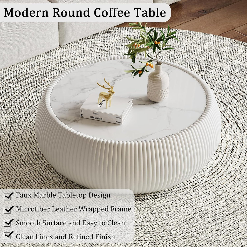 White Round Coffee Table with Sintered Stone Tabletop, 27.55' Drum Coffee Table with Fluted PU Leather Covered and Stable Base, Circle Cocktail Tea Table for Living Room
