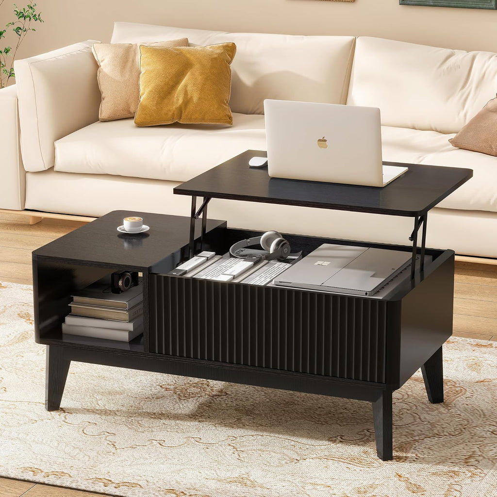 LYNCOHOME Fluted Coffee Table with Hidden Compartment, Wood Lift Top Coffee Tables, Modern Center Table for Living Room, Home Office, Black