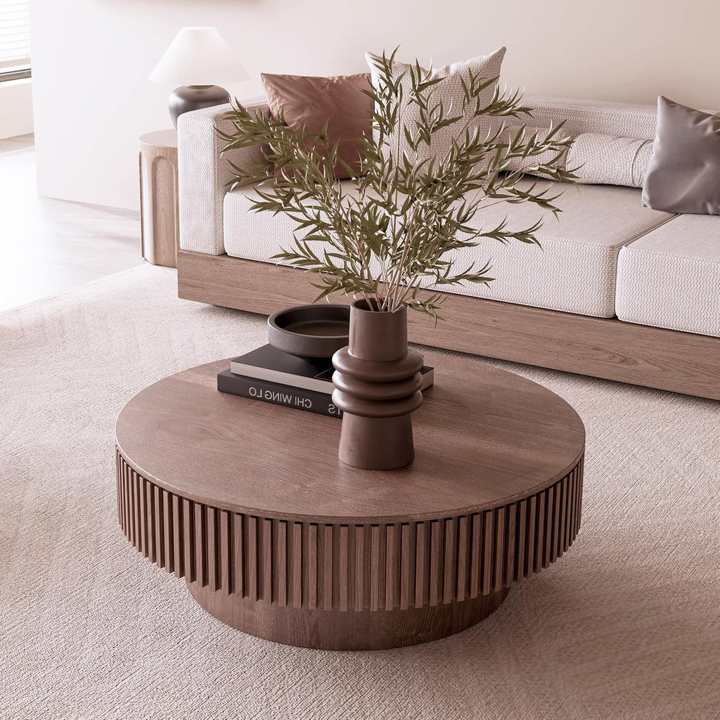 39.37'' Walnut Round Coffee Table Modern Wood Circle Fluted Drum Pedestal Coffee Table with Storage Space for Living Room, Easy Assembly, Walnut