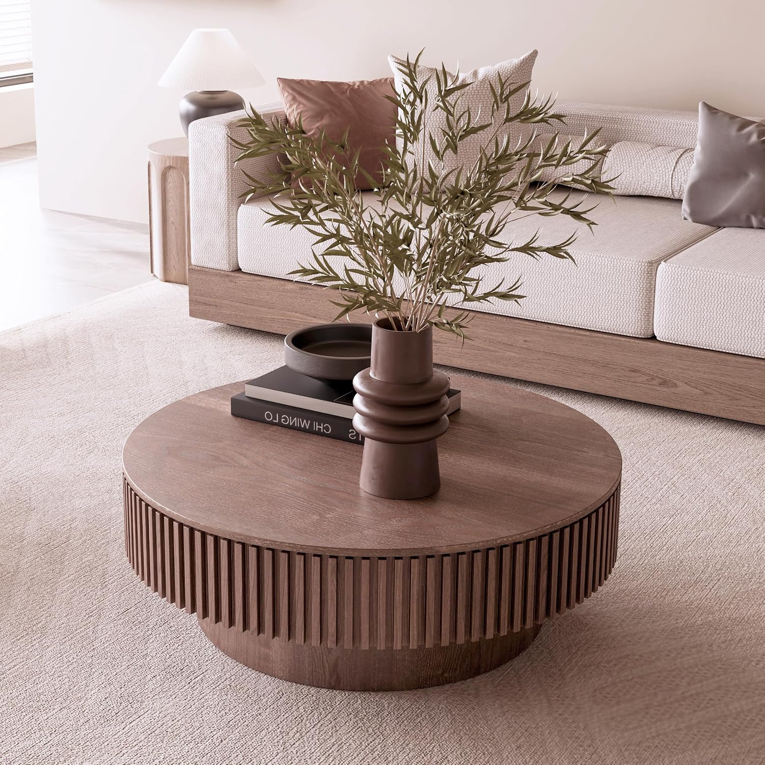 39.37'' Walnut Round Coffee Table Modern Wood Circle Fluted Drum Pedestal Coffee Table with Storage Space for Living Room, Easy Assembly, Walnut