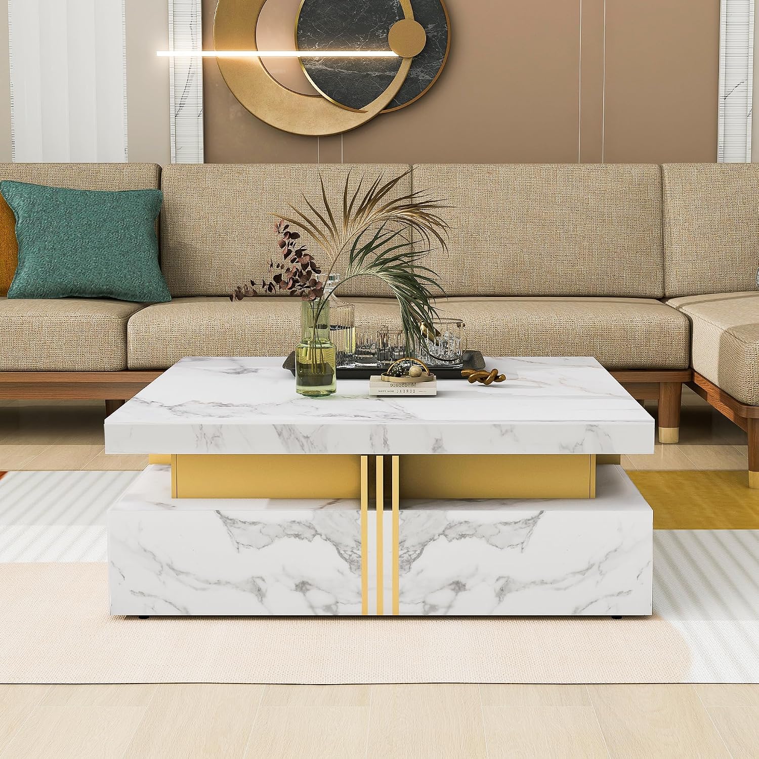 Modern White Square Storage Coffee Table with 4 Drawers for Living Room
