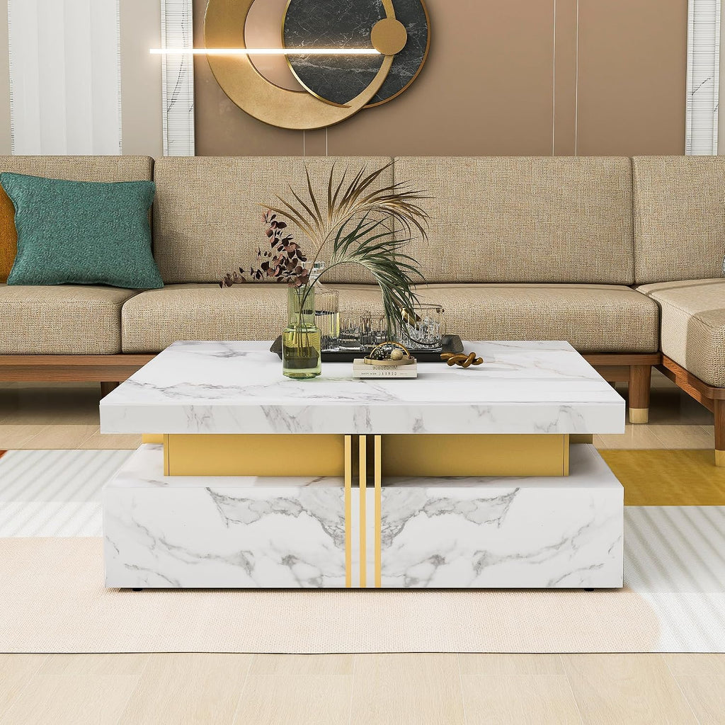 Modern White Square Storage Coffee Table with 4 Drawers for Living Room