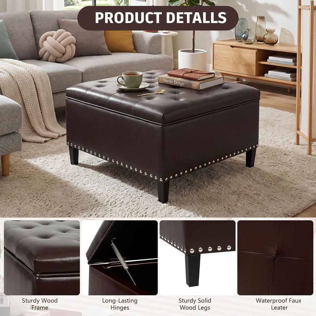 Homebeez Faux Leather Storage Ottoman Bench, Square Coffee Table Footstool Footrest with Wood Legs for Living Room (Brown)