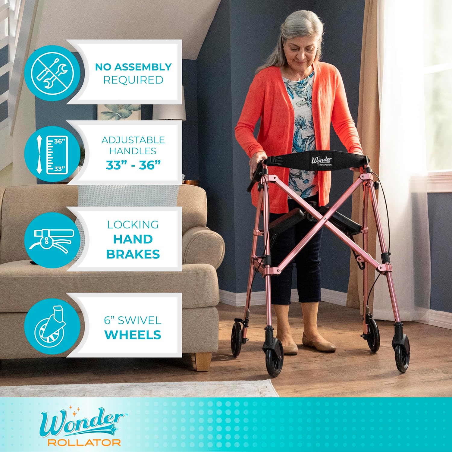 Stander Space Saver Rollator, Lightweight Folding Rolling Walker with Seat for Seniors & Adults, 4-Wheel Mobility Aid with 6-inch Wheels, Locking Brakes & Padded Seat with Backrest, Cobalt Blue
