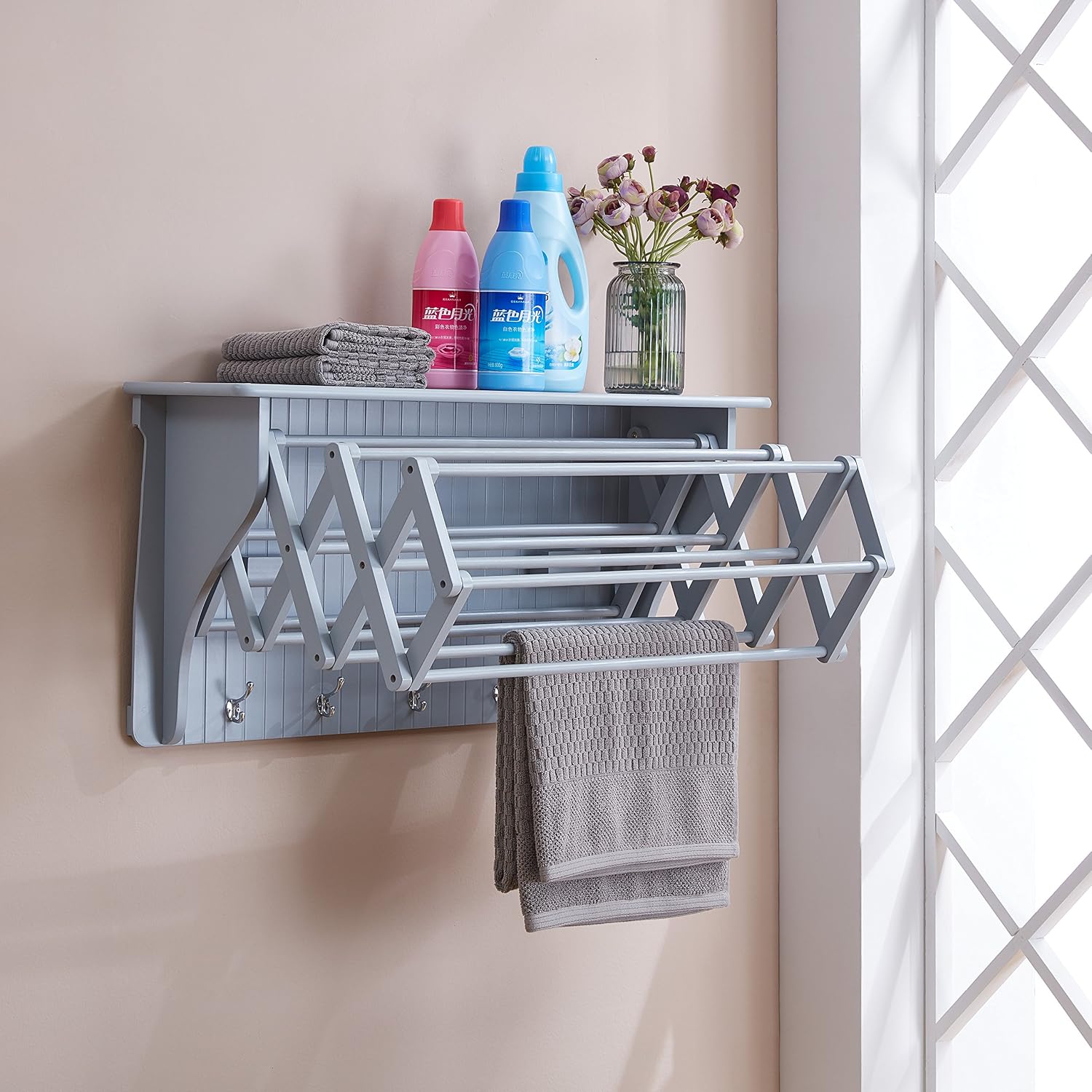 Danya B. Wall Mount Retractable Accordion Drying Rack–Great for Bathroom or Laundry Room –Light Gray