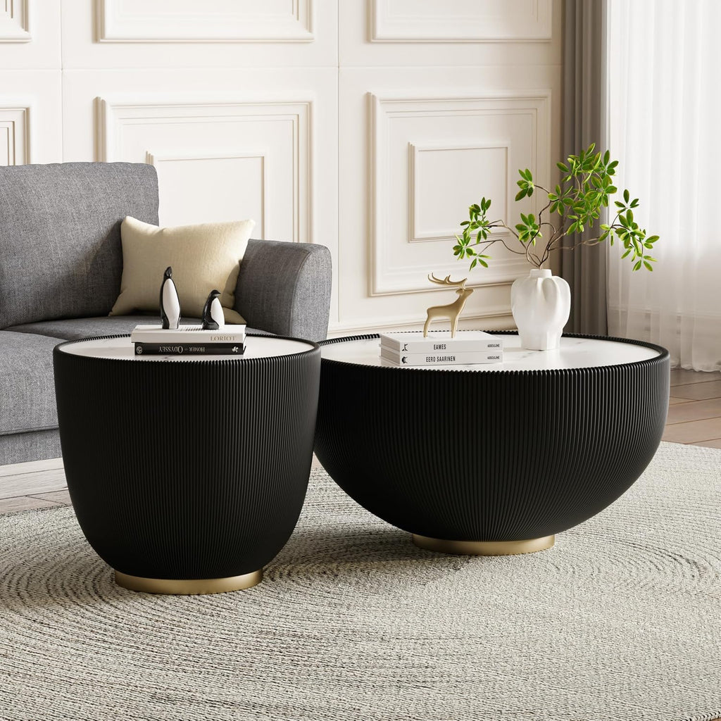 Black Round Coffee Table with Sintered Stone Tabletop, 27.56' Drum Coffee Table with Fluted PU Leather Covered and Metal Base, Circle Cocktail Tea Table for Living Room
