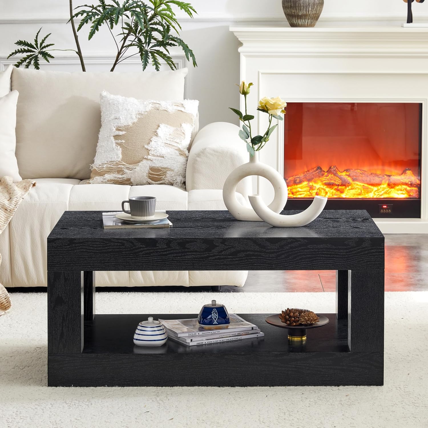 LKTART 39.37' Coffee Table with Storage, 2-Tier Mid Century Rectangular Accent Table with Thick Tabletop, Rustic Style Cocktail, Center Table for Living Room, Office, Apartment (Black)