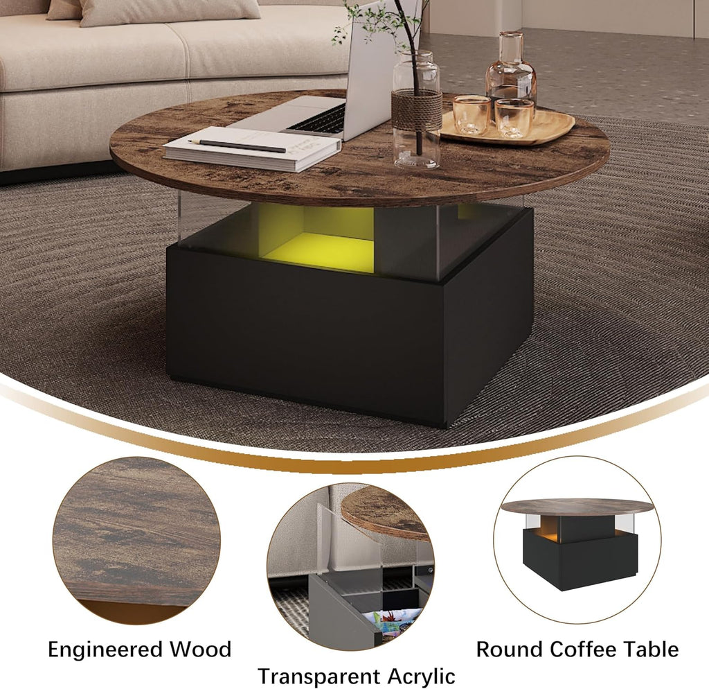 HedoAjim 31.5' Round Coffee Table for Living Room, LED Modern Living Room Table with Storage, Square Acrylic Coffee Tables with 2 Sliding Drawers, Wood Center Table for Reception Dinning Room, Rustic