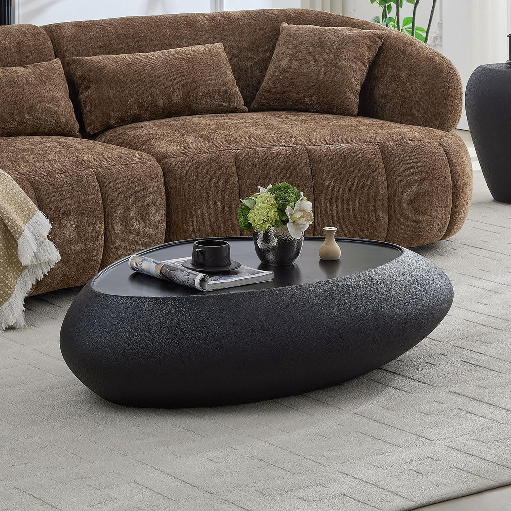 47.24' Fiberglass Oval Coffee Table for Living Room,Elliptical Irregular Center Faux Matte Rocks Table Front of The Sofa,No Need Assembly,Black