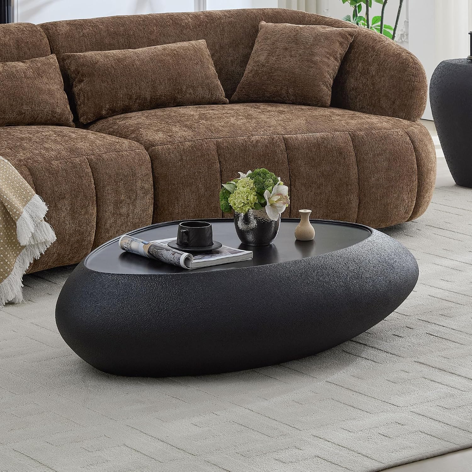 47.24' Fiberglass Oval Coffee Table for Living Room,Elliptical Irregular Center Faux Matte Rocks Table Front of The Sofa,No Need Assembly,Black