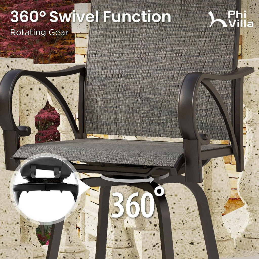 PHI VILLA Outdoor Bar Stools Swivel Set of 2, Outdoor Bar Height Tall Patio Chairs Grey with Armrest, High Top Patio Stools & Chairs with Sling Fabric for Outside Kitchen