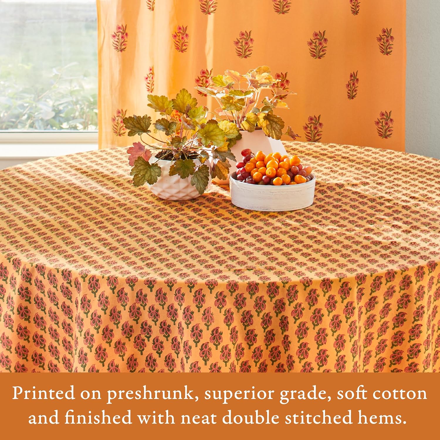 Saffron Marigold Round Hand Block Printed Tablecloth - Orange Indian Summer Luxurious 100% Cotton, Washable, for Home Decor, Kitchen, Coffee Or Dining Table 90 Inch