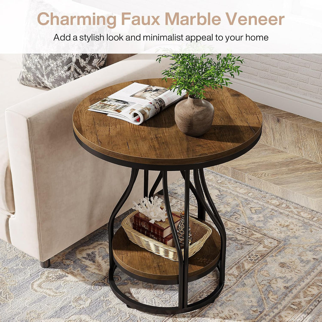 Tribesigns Round Side End Table 2-Tier End Tables Modern Bedside Table Small Chairside Tables with Storage for Couch Side, Nightstand with Metal Frame for Living Room (2 pcs, Brown+Black)