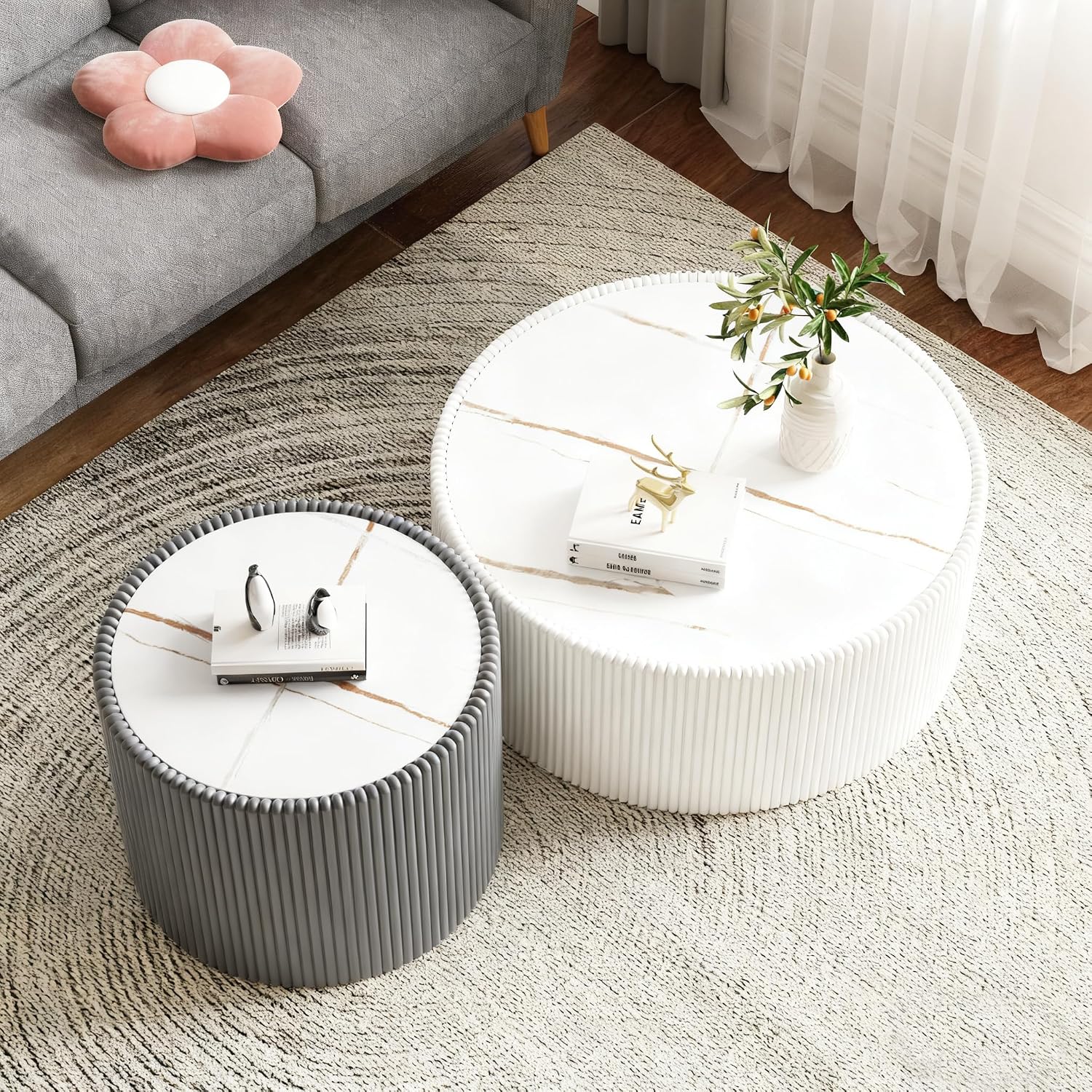 Round Coffee Table Set with Sintered Stone Tabletop, 29.52' White Drum Center Table and 17.71' Grey Coffee Table Set, 2 Pieces Living Room Table Set with Fluted PU Leather Cover& Stable Base