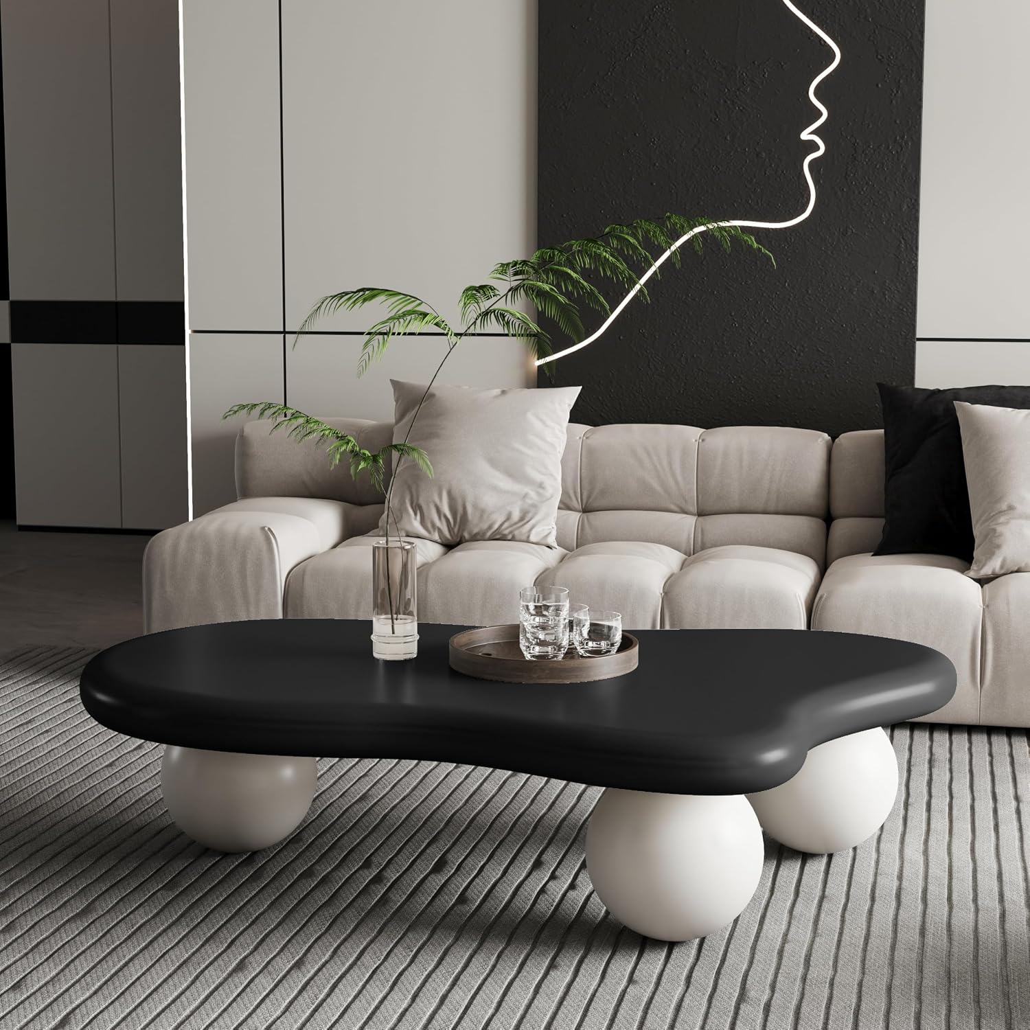 47' Cloud Coffee Table,Modern Cute End Table with Ball Legs,Small Round Edge Tea Table,Irregular Indoor Wood Coffee Table for Living Room, Bedroom, Small Space,Balcony,Patio Black+Cream White