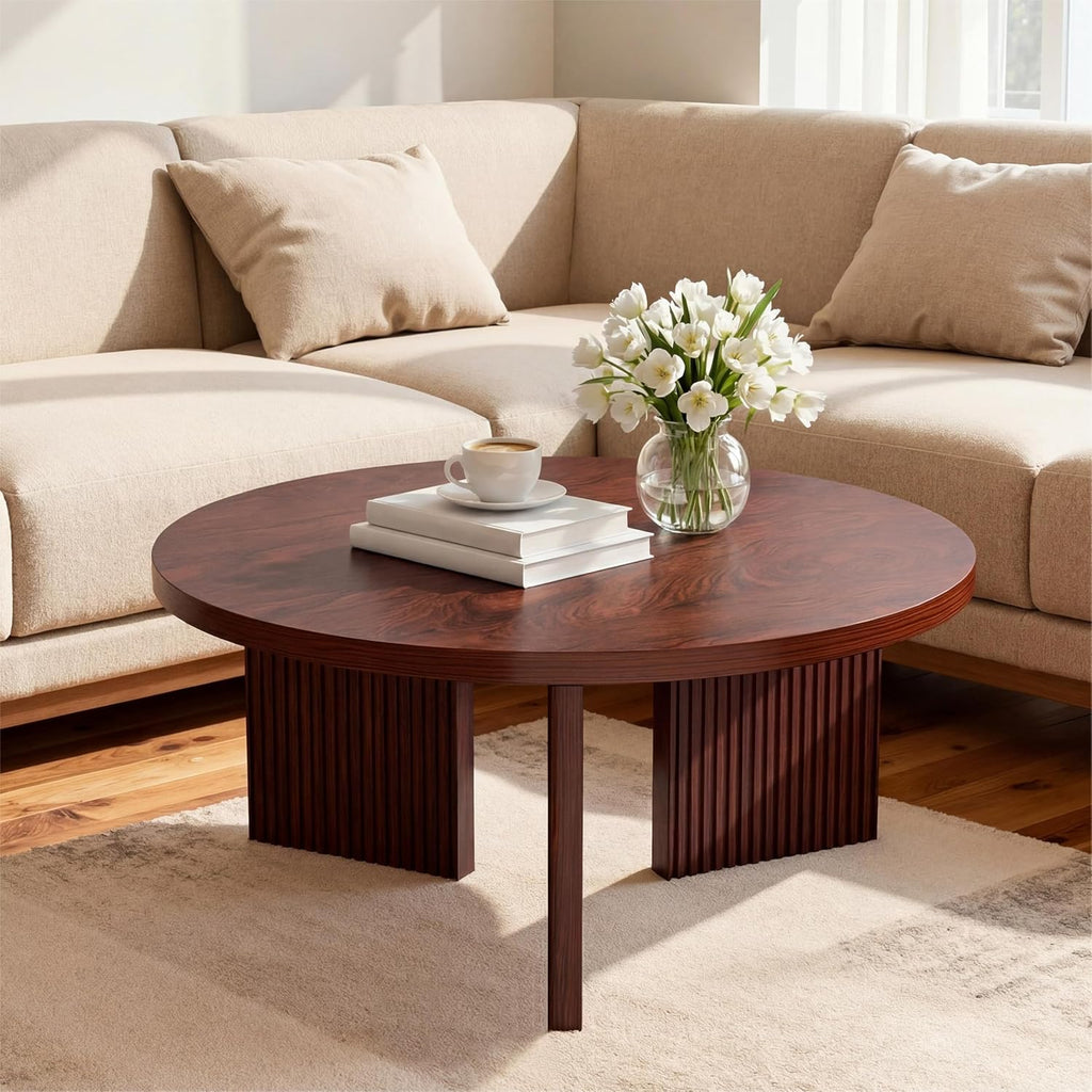 Wooden Round Coffee Table, 35' Coffee Table with Smooth Thick Mesa, Low Circle Center Table with X Shaped Stable Legs, Accent Tea Table for Living Room, Office, Burgundy