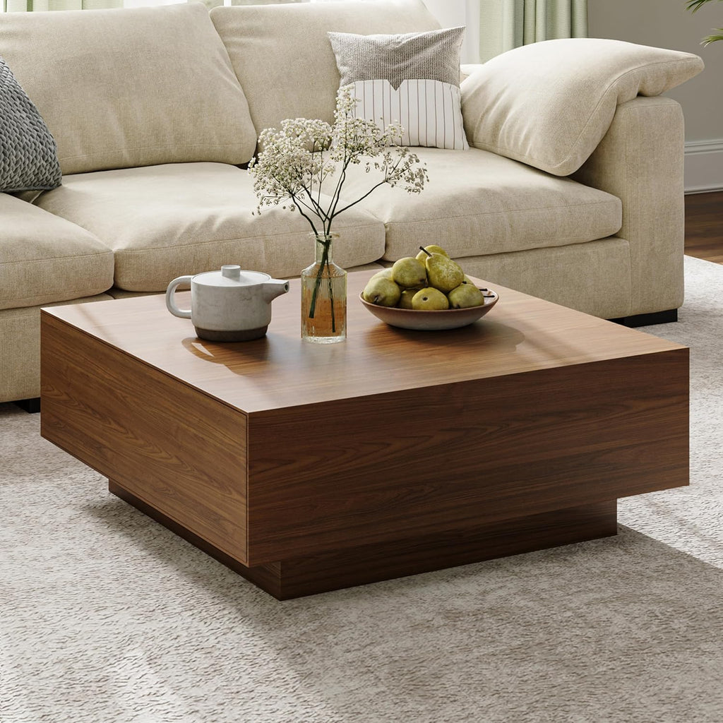 POVISON Modern Square Coffee Table with Storage, 35.43' Wood Coffee Table for Living Room Table Walnut, Fully Assembled