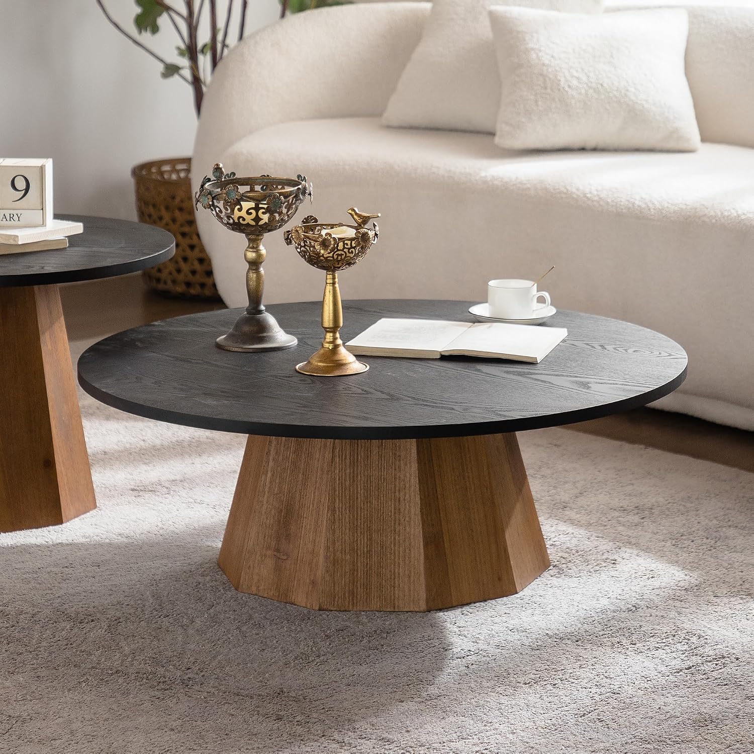 GDFStudio Mid Century Modern Round Coffee Table, Tree Design Circle Coffee Table for Living Room Office Apartment, Small Tea Tables with Pedestal, Easy Assembly Indoor Side Tables, Black+Wood 12.4' H