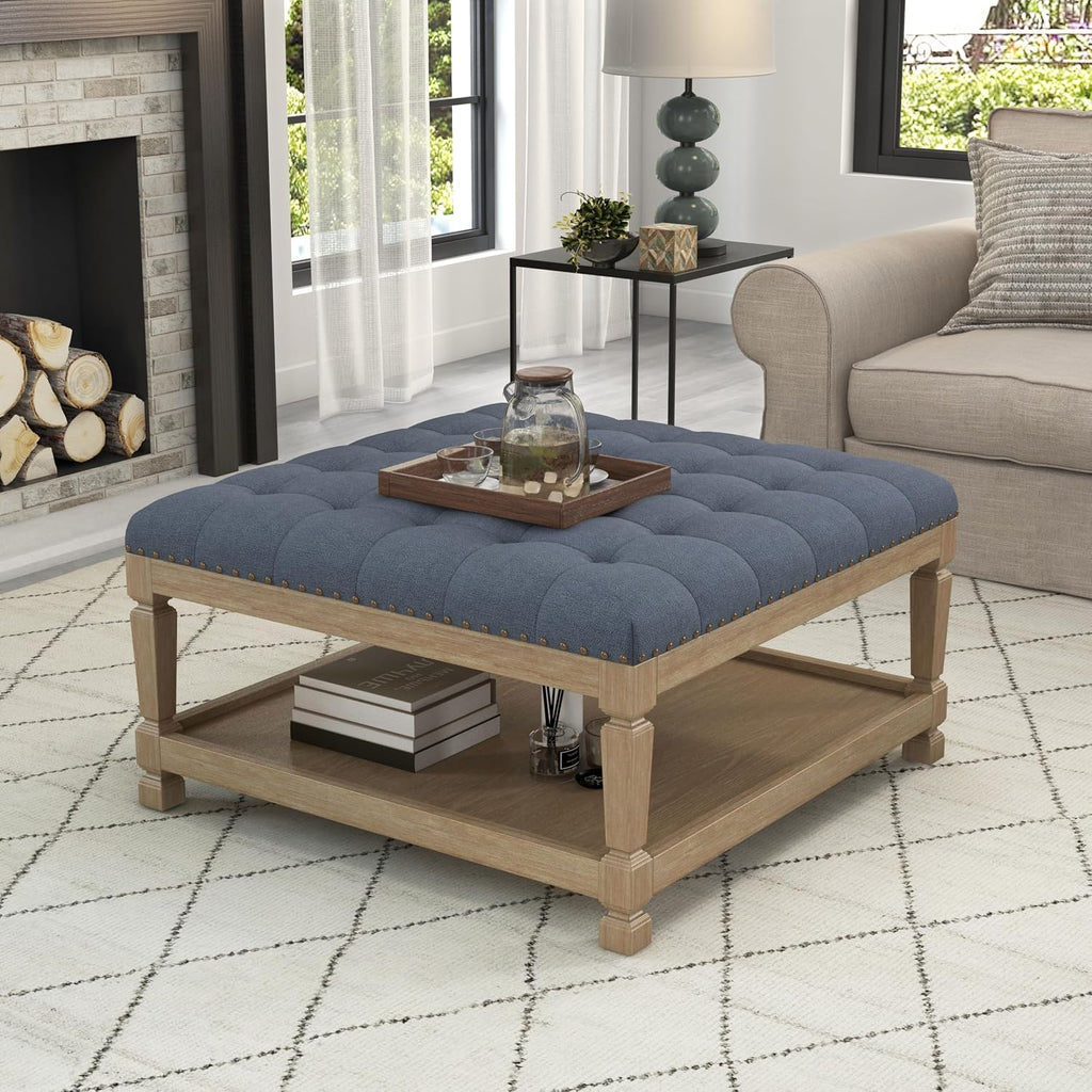 Ottoman Coffee Table,Square Wooden Upholstered Tufted Ottoman Foot Rest with Storage, Padded Linen Coffee Tables for Farmhouse Lliving Room (Blue)