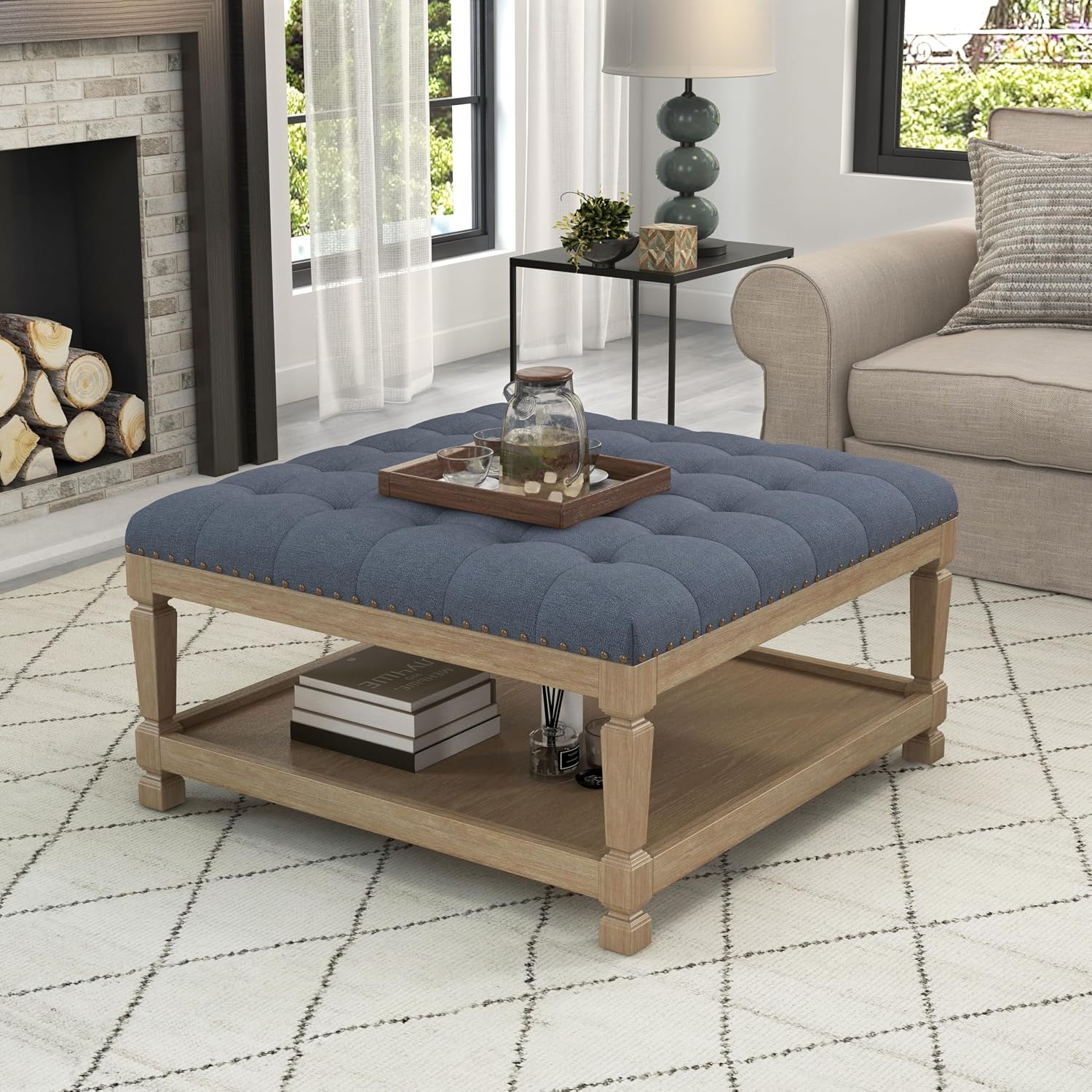 Ottoman Coffee Table,Square Wooden Upholstered Tufted Ottoman Foot Rest with Storage, Padded Linen Coffee Tables for Farmhouse Lliving Room (Blue)
