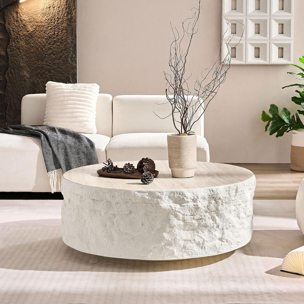 WILLIAMSPACE Round Faux Stone Coffee Table Set of 2 for Living Room, Modern Circle Drum Travertine Center Table Side Tables with Cement Stone Pattern, No Need Assembly, Fiberglass (35.4'' &15.75'')