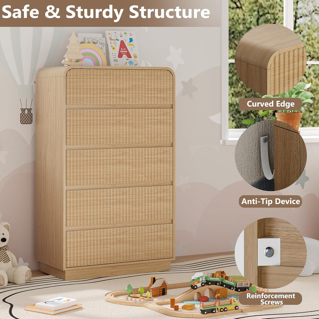 BORNOON Tall Dresser for Bedroom with 5 Drawers, Fluted Chest of Drawers with Round Curved Corner, Hidden Handles, Modern Wood Storage Organizer for Bedroom, Nursery, Living Room