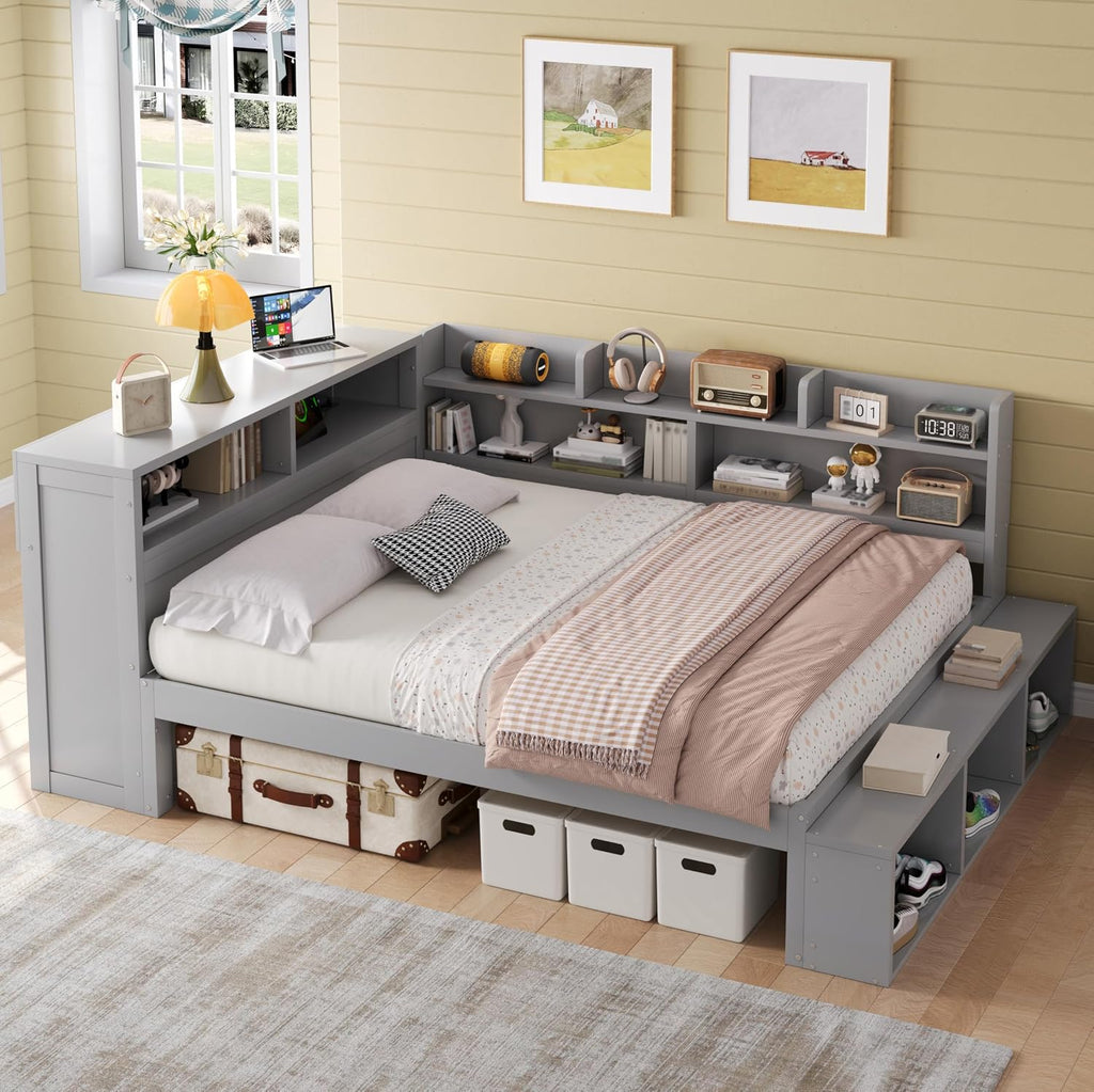 RuiSiSi Full Size Corner Bed with Bookcase, L-Shaped Daybed with Shoe Cabinets & USB Ports, Wood Full Corner Daybed Frame for Kids Teens Guest Room Bedroom, Grey