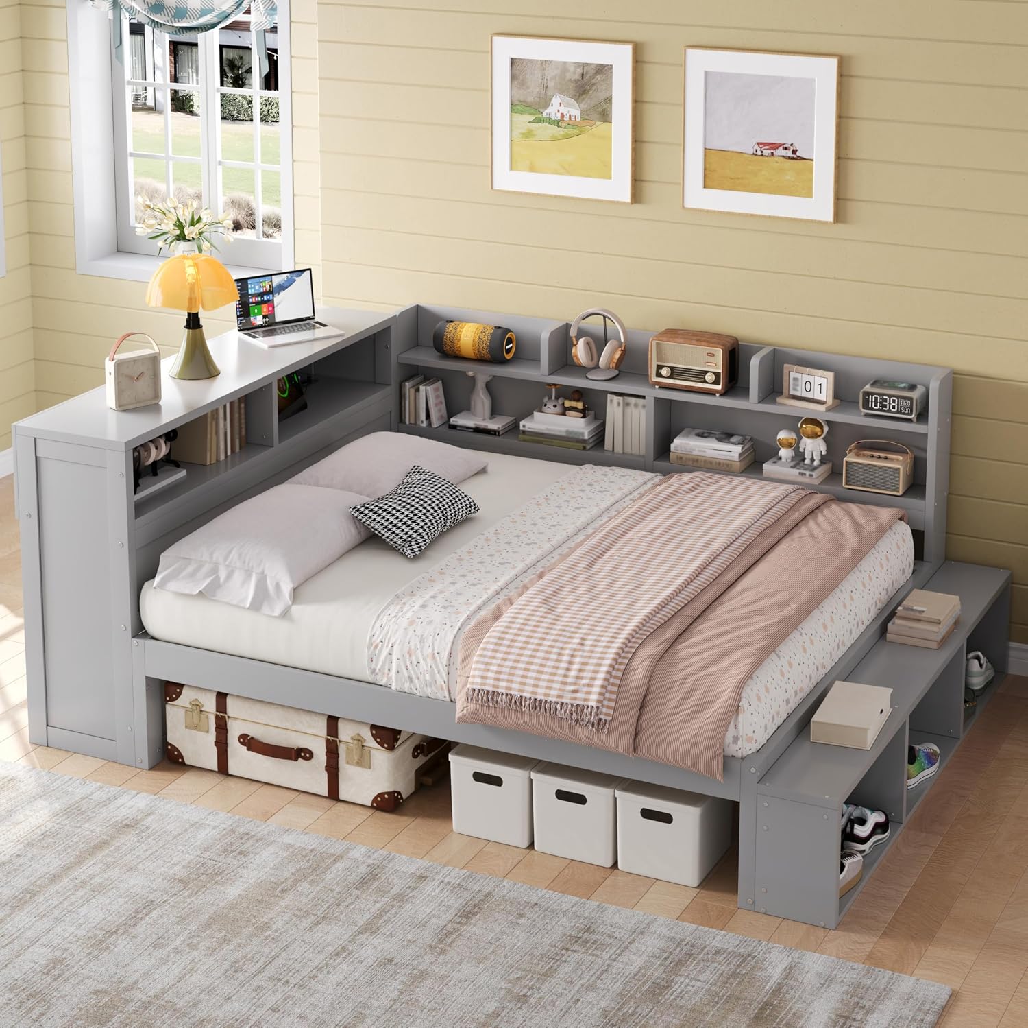 RuiSiSi Full Size Corner Bed with Bookcase, L-Shaped Daybed with Shoe Cabinets & USB Ports, Wood Full Corner Daybed Frame for Kids Teens Guest Room Bedroom, Grey