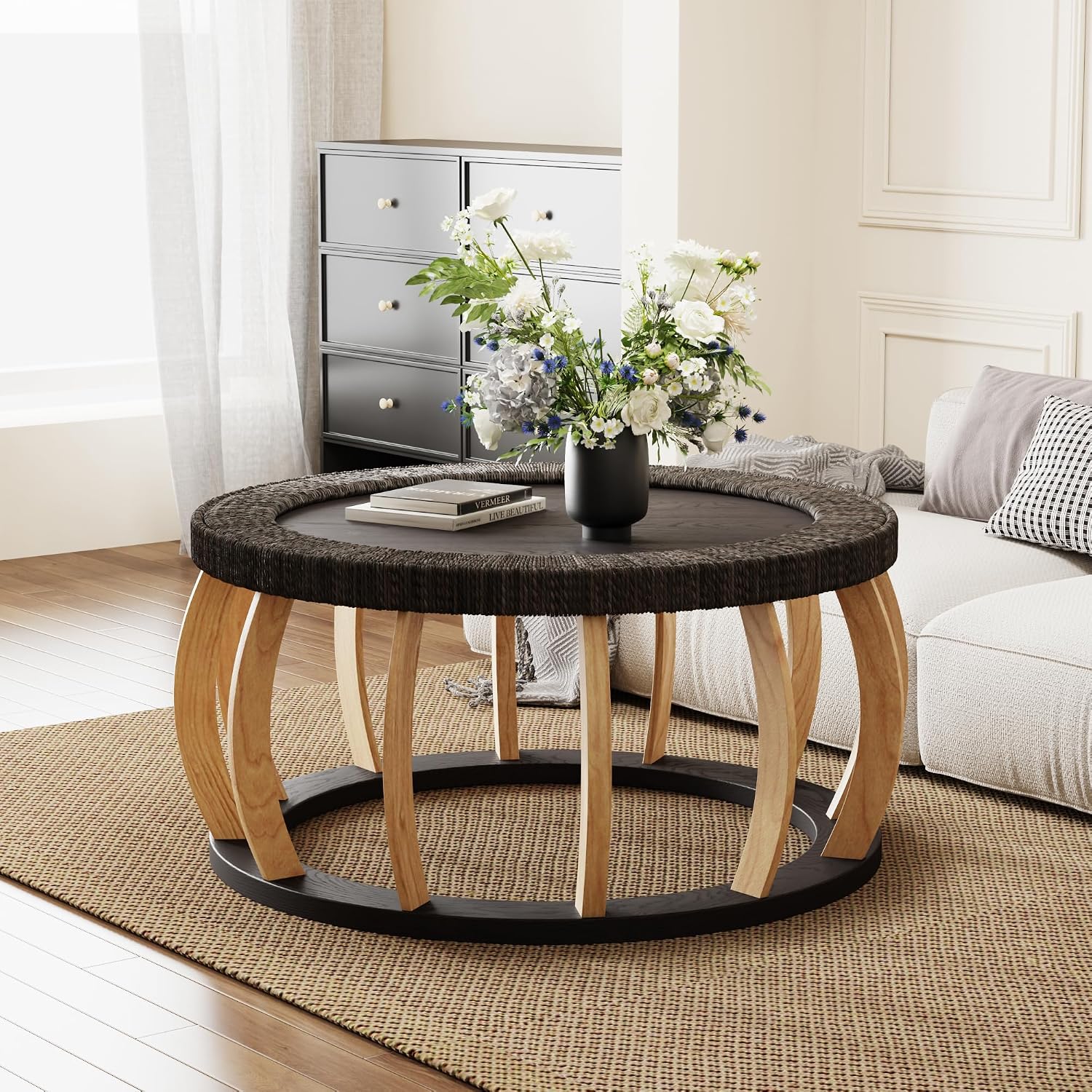 JIJIWANG 35.43' Rattan Round Coffee Table with Solid Wood Top, Vintage Accent Table with Curved Legs, Boho Side Tables for Dining Room, Kitchen, Living Room, Black Brown