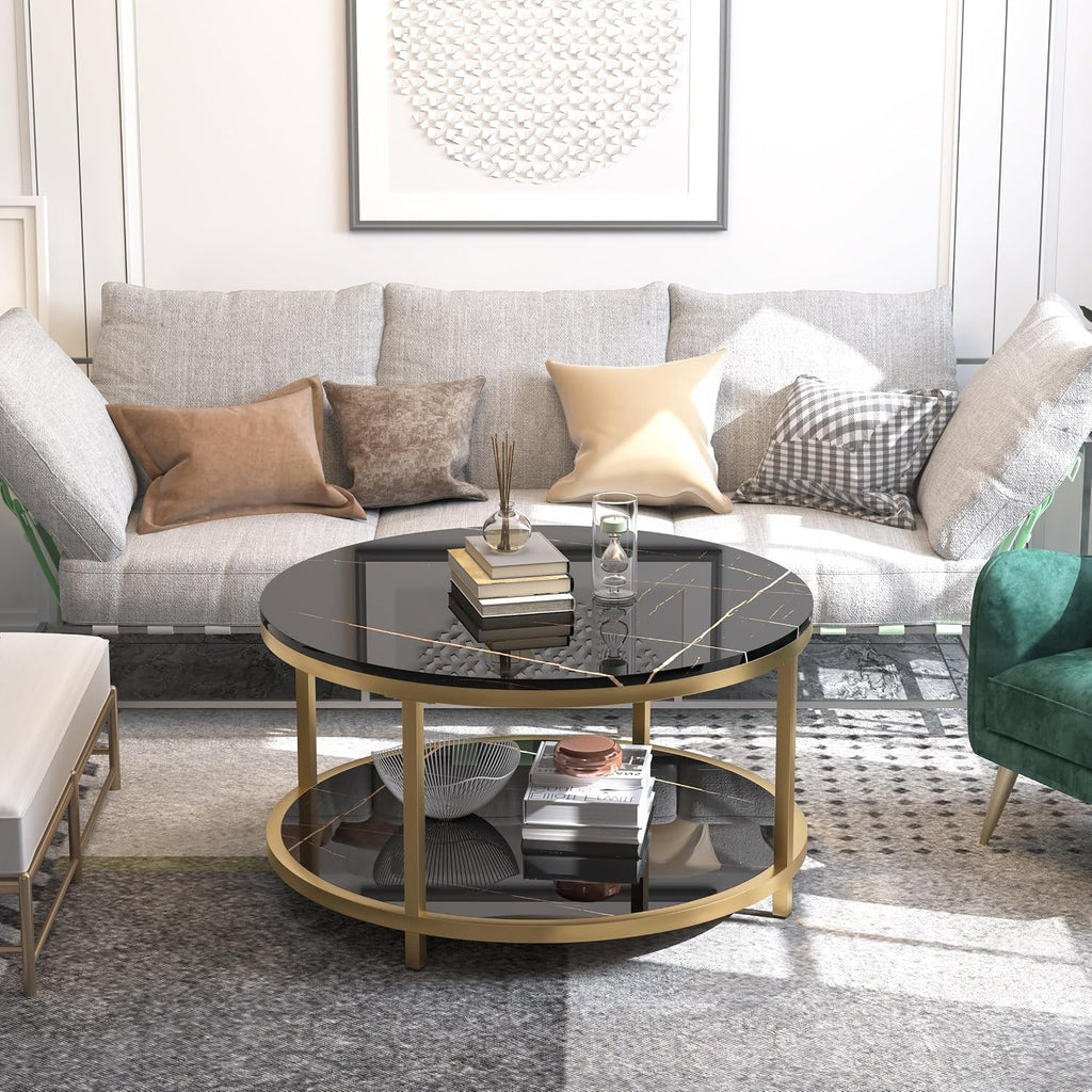 WiberWi Round Coffee Table 33.5' Coffee Tables for Living Room High Glossy Faux Balck Marble Top Modern Circle Table Sturdy Gold Metal Frame Legs Cocktail Table with Storage Open Shelf