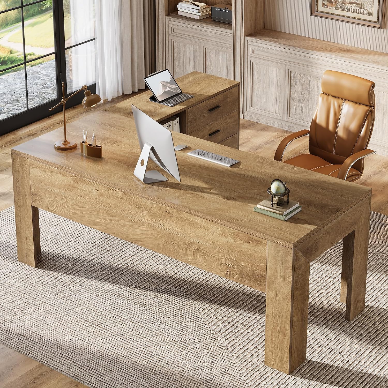 Tribesigns 63' L Shaped Desk with Storage, Executive Office Desk with Rolling File Cabinet Combo, Large Computer Table with Drawers and Shelves, Business Furniture Set for Home Office, Brown