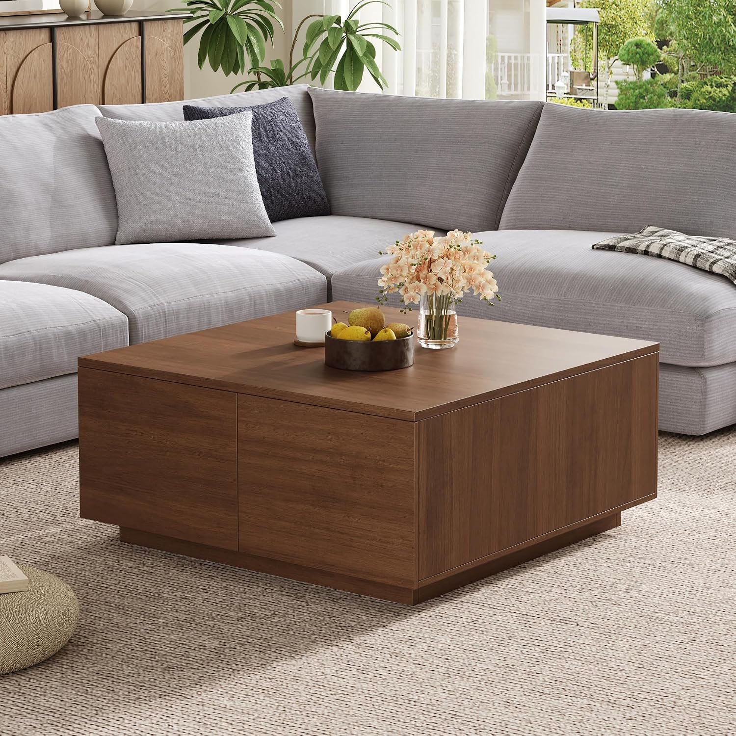 SSLine Square Coffee Table with 4 Storage Drawers,33.2-Inch Walnut Wooden Coffee Table for Living Room Minimalist Cocktail Center Tables for Small Space