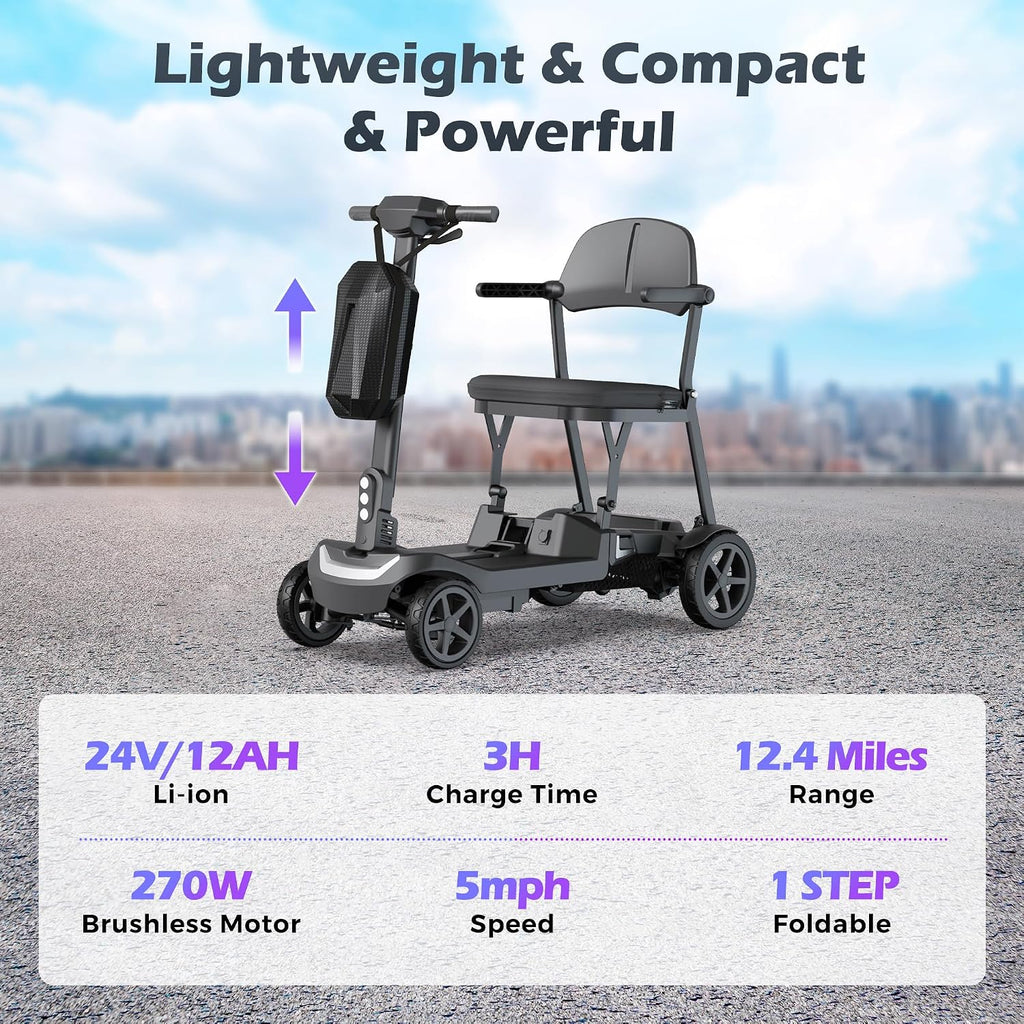 Lightweight Mobility Scooter for Seniors & Adults - 37.5 lb Aluminum Frame, Cruise & Airline Approved, Foldable Portable Motorized Scooter, No Assembly Needed, Removable Batteries, 265lb Load, Black
