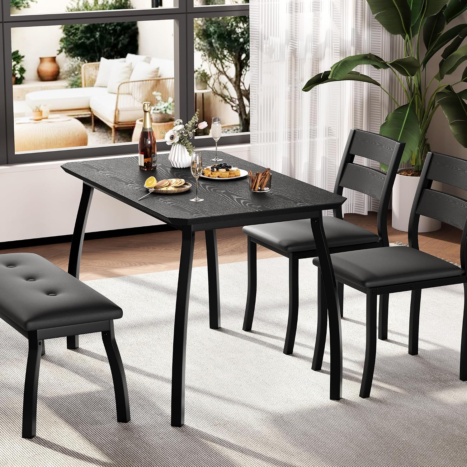 IDEALHOUSE 43'' Dining Table Set for 4, Wooden Kitchen Table with Upholstered Bench & 2 Cushion Chairs, Industrial Dinette Set for Studio, Kitchen, Dining Room, Apartment, Black
