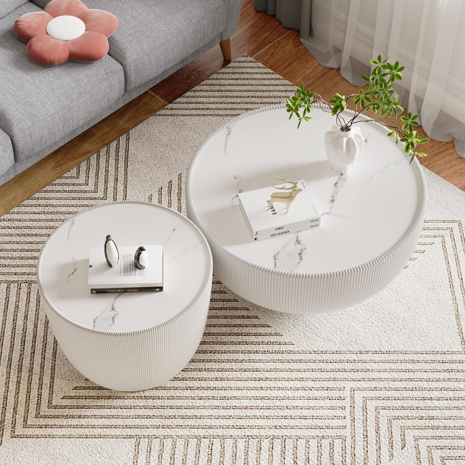 Round Coffee Table Set with Sintered Stone Tabletop, 27.56' White Drum Center Table and 19.69' White Coffee Table Set, 2 Pieces Living Room Table Set with Fluted PU Leather Cover& Metal Base