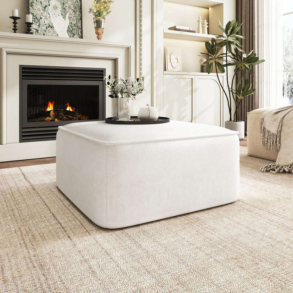 Christopher Knight Home Isa Velvet Ottoman Footstool, Square Pouf Poufee Footrest Ottoman Large Seat, Modern Side Table for Living Room Bedroom Home Decor, Cream, 30'