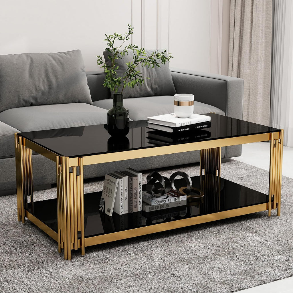 Rectangular Black Glass Coffee Table, 47' Center Table Living Room Table, Gold Stainless Steel Irregular Leg, Double-Layer Structure, Black Glass Desktop, Luxury