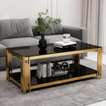 Rectangular Black Glass Coffee Table, 47' Center Table Living Room Table, Gold Stainless Steel Irregular Leg, Double-Layer Structure, Black Glass Desktop, Luxury