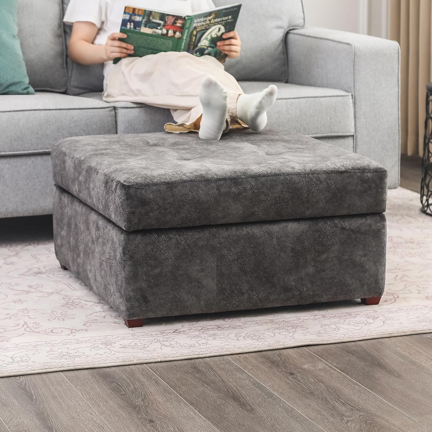 Homebeez Storage Ottoman Bench Fabric Button Tufted Coffee Table Footstool, Footrest with Wood Legs for Living Room (Black Gray)